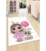 Pembe Kaymaz Tabanlı Yıkanır Prensesli Çocuk Halısı AR056
