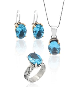 Akuamarin Taşlı El işçiliği Otantik Gümüş Üçlü Set 201023379