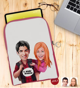 BK Gift Kişiye Özel Sevgililer Karikatürlü Taşınabilir Koruyucu Tablet Kılıfı & Organizer Çanta - Pembe-91