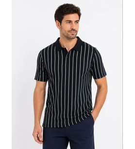 Erkek Pike Kumaş Çizgili Polo Yaka Tişört Kısa Kol Yazlık T-Shirt - Siyah
