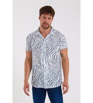 Erkek Gri Kısa Kollu Pamuklu Desenli Slimfit Apaş Yaka Gömlek 21Y-4300594-09