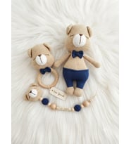 Sarı Yumak El Yapımı Organik Amigurumi Göbüşlü Ayıcık Seti - Bej & Lacivert - Yenidoğan Hediye