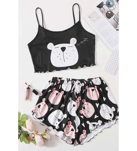 Merry See Uyuyan Ayıcık Basklı Ultrasoft Askılı Sortlu Pijama Takımı