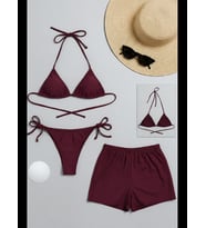 Fantezia Night Kadın 3'lü Set Bordo Şortlu ve Yandan Bağlamalı Bikini Mayo Takımı