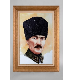 Altın Varaklı Çerçeveli Paspartulu Atatürk Tablo a126 (Gold)