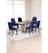 Sonata Ceviz 80 x 132 Açılabilen MDF Masa Siyah Metal Ayaklı Mutfak Masası 6 Lacivert Sandalyeli