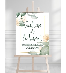 Söz Nişan Düğün İçin 50x70 Karşılama Panosu - Şeftali Çiçek Tasarımlı 001