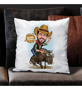Kişiye Özel Rodeo Yapan Kovboy Karikatürlü Yastık
