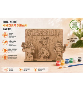 Piksel Blok Dünyası Temalı Ahşap Boyama Seti – 3D Geçmeli MDF Dekor, 6 Renk Boya ve Fırça Dahil