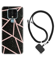 Tecno Camon 16 18P Pova Kılıf Boyun Askılı Silikon Pembe Şeritli Mermer 1312