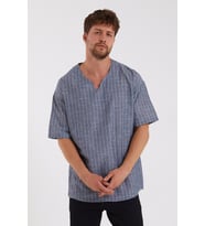 Erkek Gri Açık V Yaka Oversize Kısa Kollu Çizgili Gömlek 22Y-4300634-1