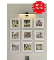 9'lu Baskı Dahil Paspartu Temalı 20x20 Cm(Dış Ölçü) Fotoğraf Çerçeve Seti, Kişiye Özel Duvar Çerçeve Seti (Aplik Hediyeli) (Beyaz)