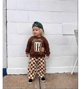 Milk & Cookies Baskılı Kahverengi Sweatshirt ve Kurabiye Baskılı Oversize Eşofman Altı Unisex 3İp Takım