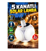 Katlanabilir 5 Kanatlı LED Kamp Lambası – Solar ve USB Şarjlı, 2400 mAh, 5 Işık Modu, IP65