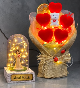 Led Işıklı Kırmızı Kalp Buketi ve Led Işıklı Melekli Fanus Kişiye Özel Hediye Seti