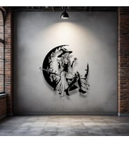 Cadı ve Ay Silüeti Metal Duvar Dekoru – Gotik Sanat ve Halloween Temalı Tasarım (Siyah)