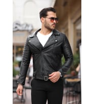 Erkek Siyah Deri Ceket Kuzey Çapraz Fermuar Model