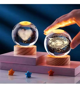 Kalp & Samanyolu Galaksi 2'li Set Kristal Cam Kar Küresi – Usb’li Doğal Ahşap Tabanlı 3D Özel Lazer Işleme LED Dekoratif Lamba, Sürpriz Şık Zarif Top Biblo Konsept Hediyelik Eşya
