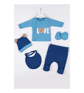 3 Ay Bebek Hastane Çıkışı Love Bear Nakışlı 5'li Erkek Mavi