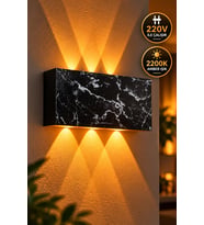 Siyah Mermer Desenli 12W 2200K Amber Işıklı 3 Gözlü Yukarı Aşağı Dekoratif Duvar Apliği 16 cm
