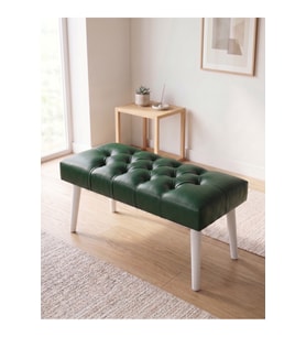 Yeşil Deri Kumaş Bench Puf Oturma Bankı Ahşap Beyaz Ayaklı 90x45