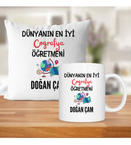 Dünyanın En İyi Coğrafya Öğretmeni Baskılı Kişiye Özel Kupa Bardak Ve Saten Yastık