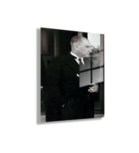 Temperli Gerçek Cam Ofis Tablosu Siyah Beyaz Atatürk Portresi