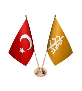 Masa Üstü Karahanlılar Bayrağı Türk Bayrağı İkili Pirinç Direk Masa Bayrak Seti
