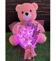 55cm Pembe Ayıcık ve Pembe Ayıcıklı Kelebekli Işıklı Ayıcık Buketi - Ese - Sevgiliye - Arkadasa - Ogretmene