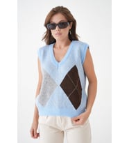 Kadın V Yaka Desenli Yumuşak Dokulu Triko Sweater (Bebe Mavi)