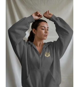 Kadın Uzun Tüylü Kedi Baskılı Tam Boy Fermuarlı Oversize Hoodie (Gri)