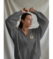 Kadın Uzun Tüylü Kedi Baskılı Tam Boy Fermuarlı Oversize Hoodie (Gri)