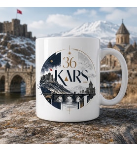 Kars Temalı Hediyelik Kupa Bardak - 36 Plaka ve Şehir Simgeleri İllüstrasyon Baskılı Özel Tasarım Kupa