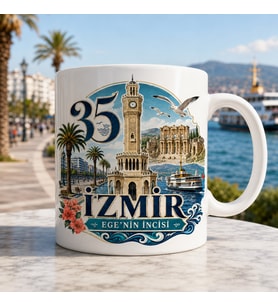 İzmir Temalı Hediyelik Kupa Bardak - 35 Plaka Ege'nin İncisi ve Şehir Simgeleri İllüstrasyon Baskılı Özel Tasarım Kupa