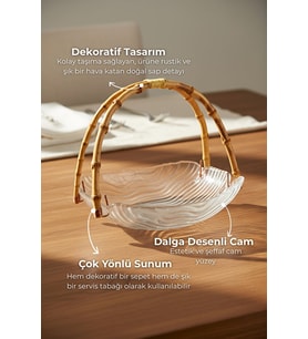 Cestino - Bambu Kulplu Cam Dikdörtgen Sunum Tabağı Dalgalı Desen