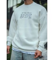 Erkek 3 İplik Pamuklu Bisiklet Yaka Baskılı SweatShirt - Beyaz
