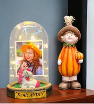 Size Özel Fotoğraflı Yazılı Led Işıklı Fanus ve Bal Kabağı Biblosu Hediye Seti (Model 9)