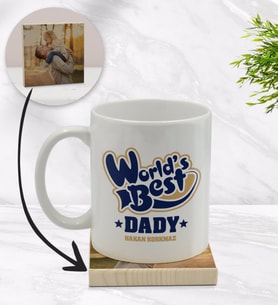 BK Gift Kişiye Özel Dünyanın En İyi Babası Tasarımlı Beyaz Kupa Bardak ve Ahşap Bardak Altlığı Hediye Seti - Model 3