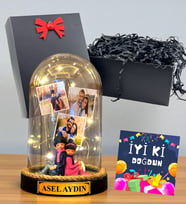 Sizlere Özel 3 Fotoğraflı Yazılı Led Işıklı Fanus - Doğum Günü Hediyesi İyi Ki Doğdun (Model 8)