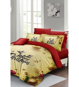 Yılbaşı Nevresim Takımı (Lastikli Çarşaflı) Çift Kişilik %100 Pamuk Saten Yellow Noel
