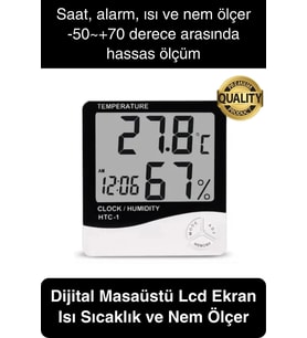 Premium Dijital Masaüstü Lcd Ekran Isı Sıcaklık ve Nem Ölçer Termometre Saat Alarm Pilli Beyaz