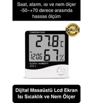 Premium Dijital Masaüstü Lcd Ekran Isı Sıcaklık ve Nem Ölçer Termometre Saat Alarm Pilli Beyaz