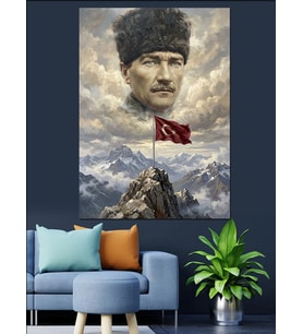 Dağ Zirvesinde Atatürk Ve Bayrak Dekoratif Kanvas - Mdf Ahşap Tablo