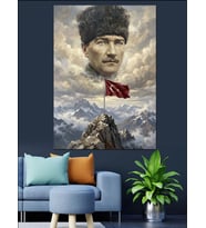 Dağ Zirvesinde Atatürk Ve Bayrak Dekoratif Kanvas - Mdf Ahşap Tablo