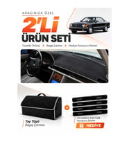 MERCEDES W126-C126 (1979-1991) Uyumlu Torpido Örtüsü + Tay Tüyü Bagaj Çantası + Sticker Seti - Siyah Gri