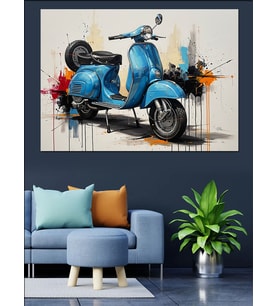 Suluboya Tarzı Mavi Retro Scooter Dekoratif Kanvas - Mdf Ahşap Tablo