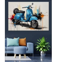 Suluboya Tarzı Mavi Retro Scooter Dekoratif Kanvas - Mdf Ahşap Tablo