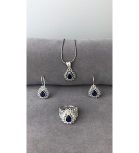 Telkari Safir Taşlı Damla Gümüş Kadın Set