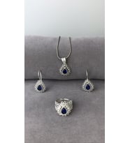 Telkari Safir Taşlı Damla Gümüş Kadın Set