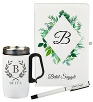 Anneye Hediye Kişiye Özel Şık Yaprak Tasarımlı Hediye Defter Kalem Ve Termos Mug Seti